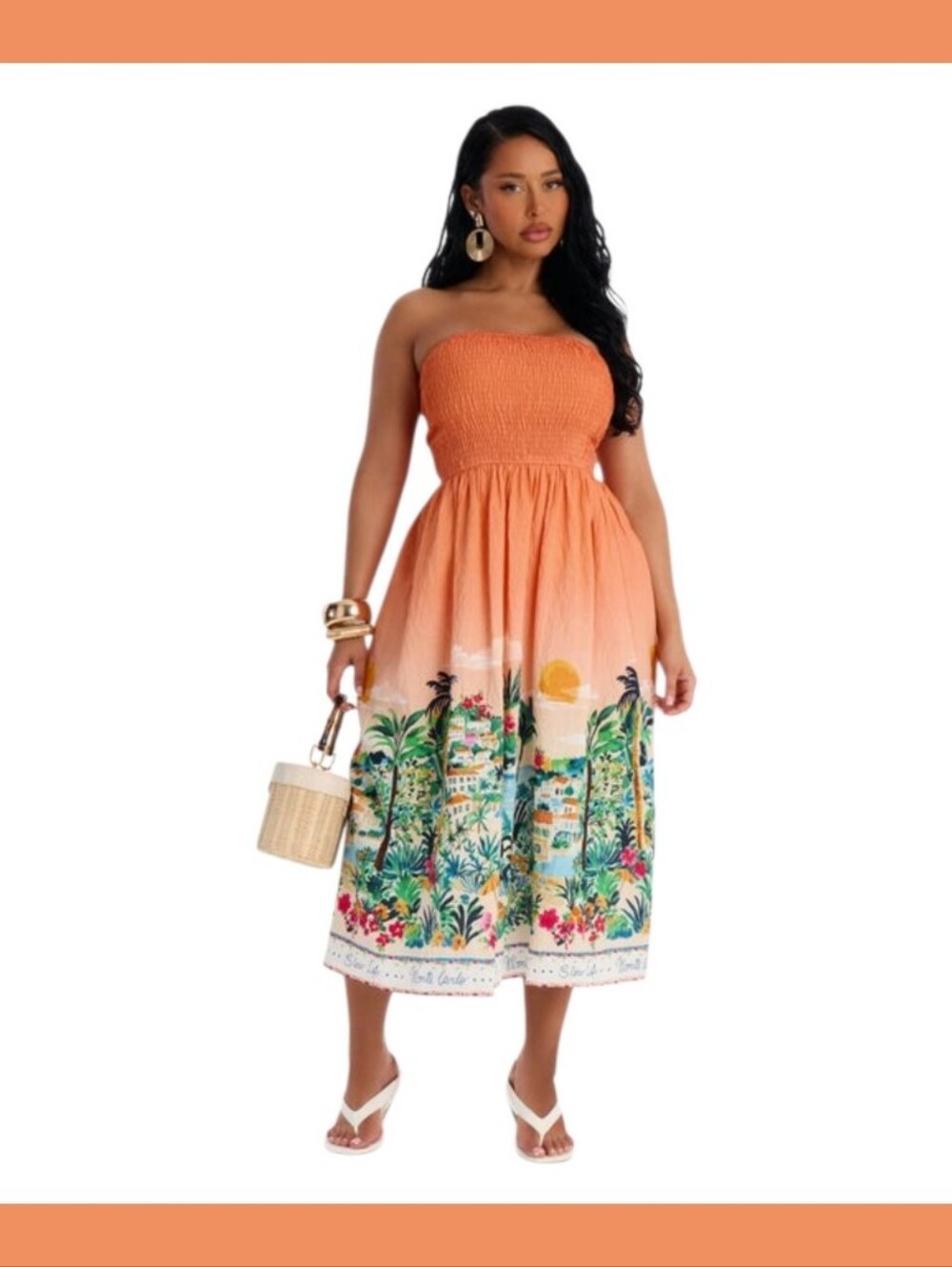 Fashion Nova Coral Strapless Tropical Print Midi Dress